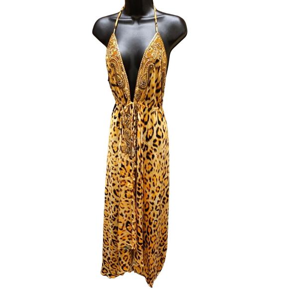 Couture Leopard Print Silk Maxi Dress Hand Beaded One Size - Picture 1 of 13